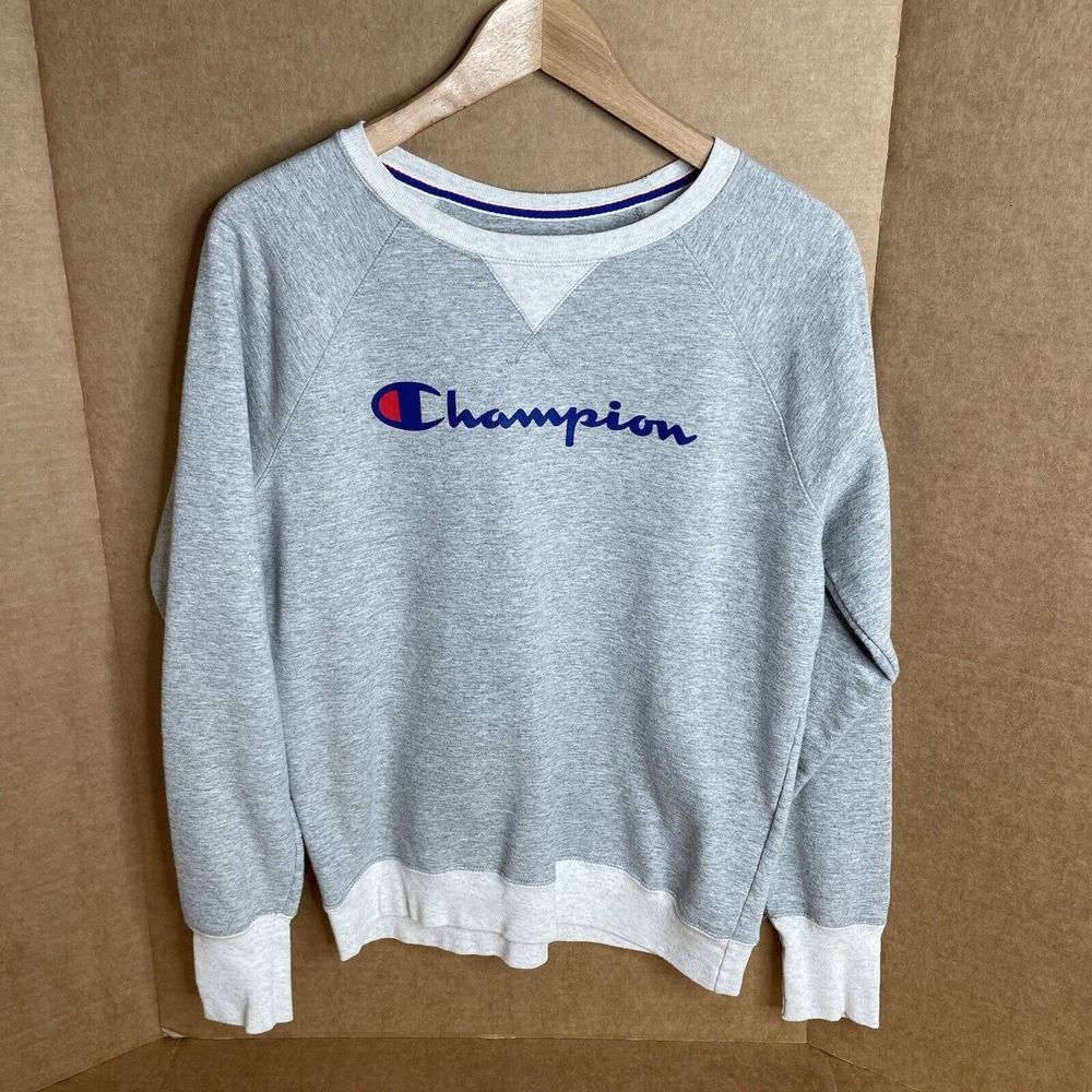 Champion Crewneck Sweatshirt, Gray, Medium, Logo, Long Sleeve Ringer Style